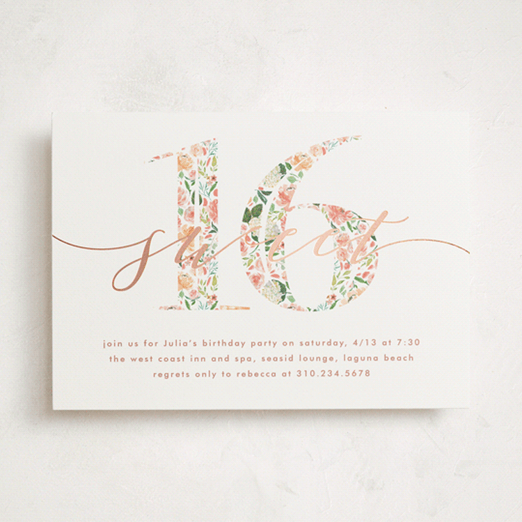 "Floral Filled 16" - Sweet Sixteen Party Invitations in Peach by Becky Nimoy - Front