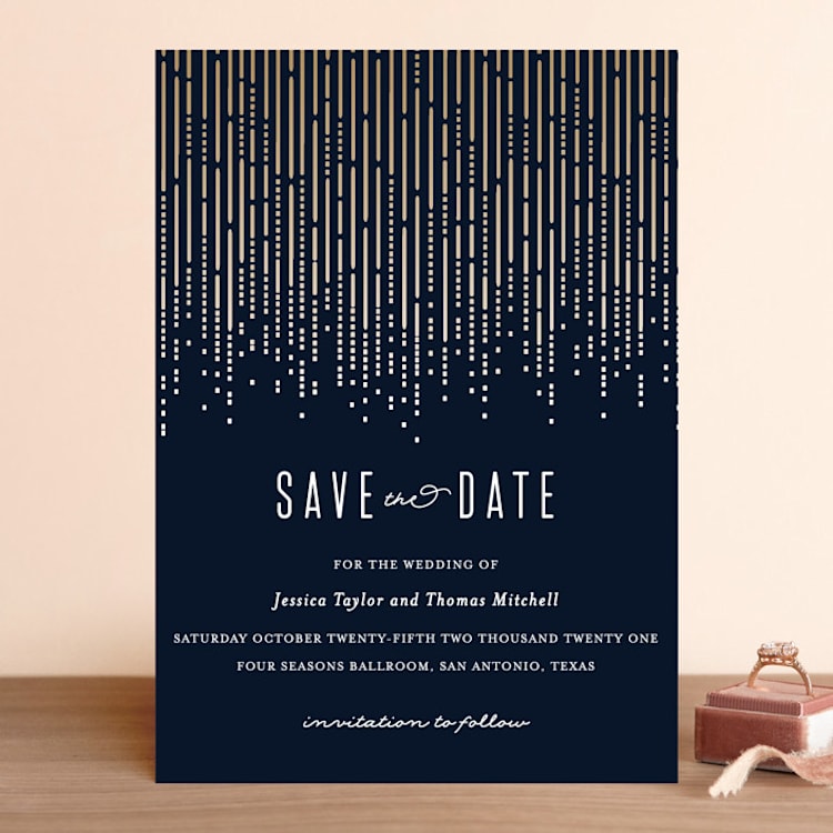 "Crystal Curtain" - Save the Dates in Navy by Rebecca Bowen - Front