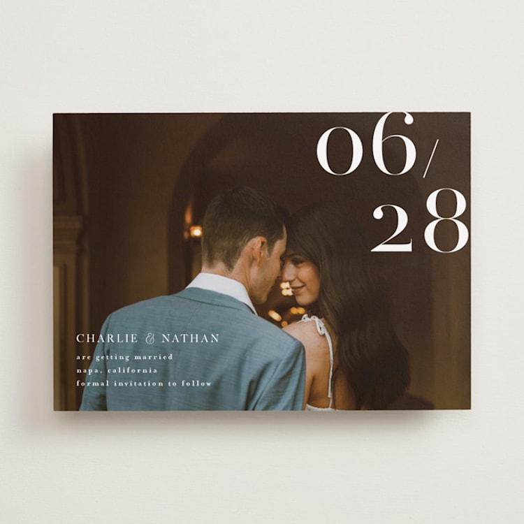 "Our Big Date" - Save the Dates in Pearl by Shannon Chen of Four Wet Feet Studio - Front