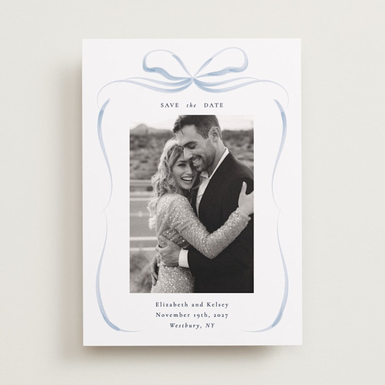 "Bow" - Save the Dates in Dusty Blue by Corinne Malesic - Front