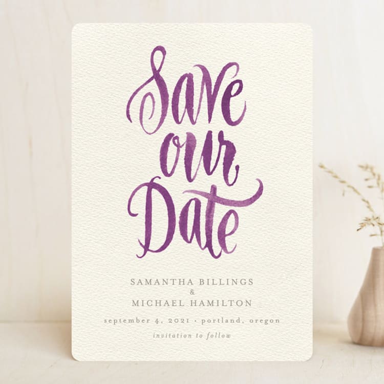 "Painted Simplicity" - Save the Dates in Plum by Laura Bolter - Front