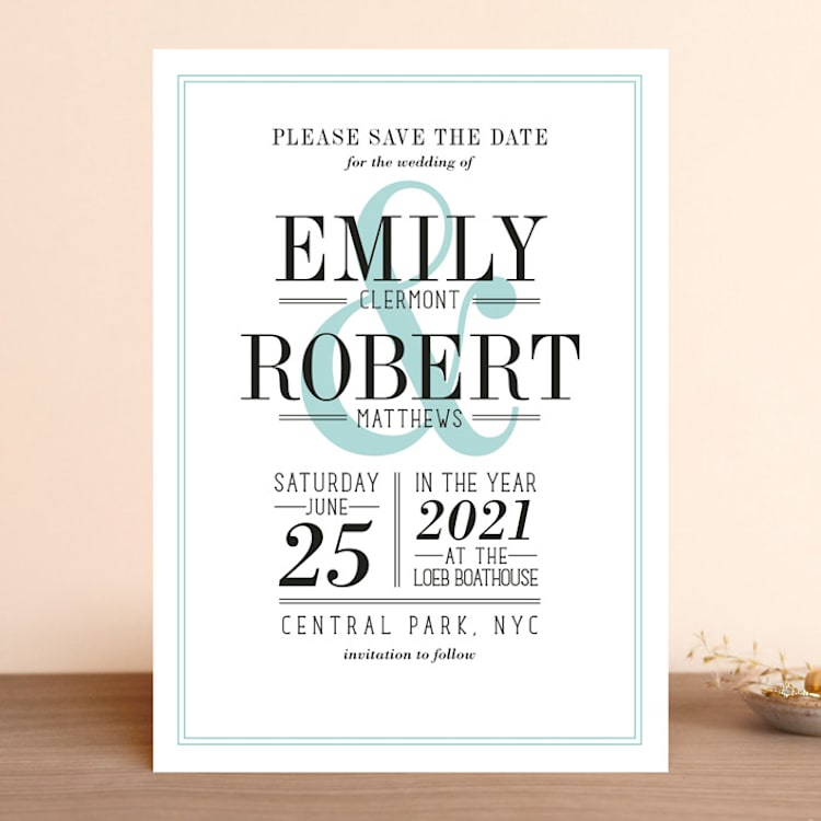 "Wed in Type" - Save the Dates in Sky by Ariel Rutland - Front