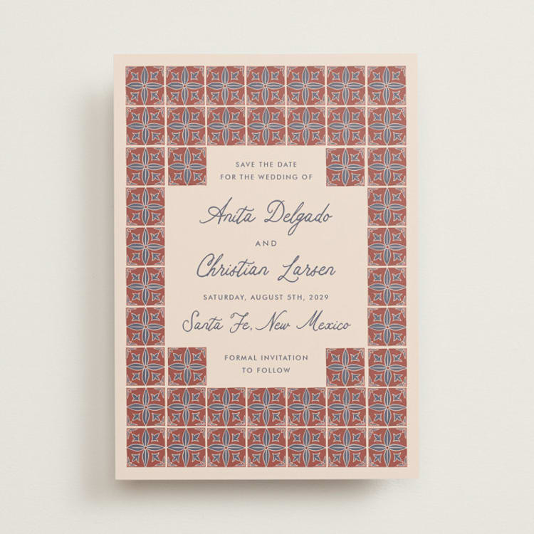 "Block Print Tile" - Save the Dates in Terracotta by Katharine Watson - Front