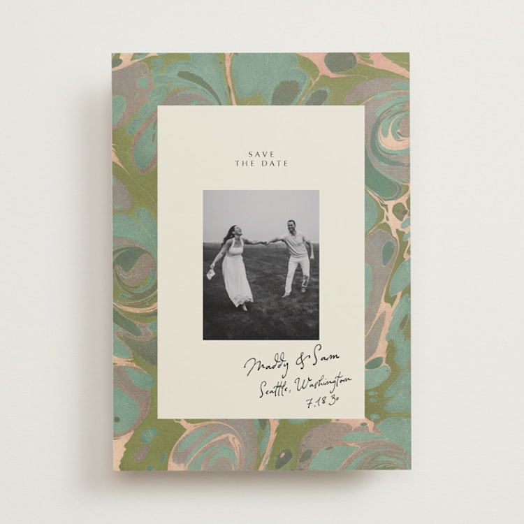 "Marbled Editorial" - Save the Dates in Sage by Leia Matt - Front