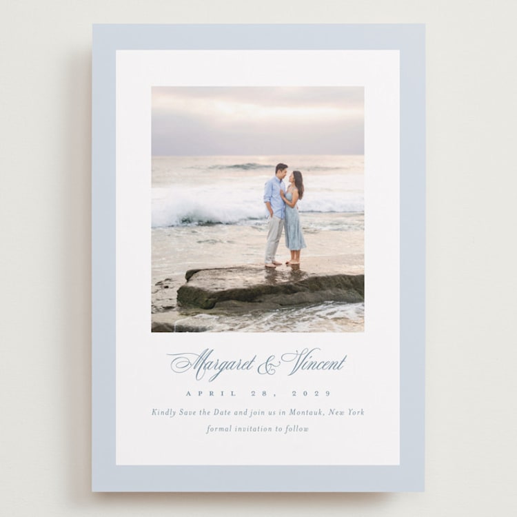 "Coastal Charm" - Save the Dates in Dusty Blue by Jennifer Postorino - Front