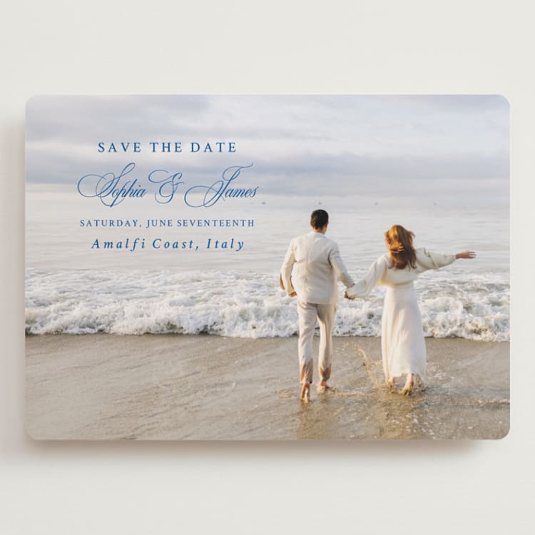 "Amalfi Blue" - Save the Dates in Blue Mist by Design Lotus - Front