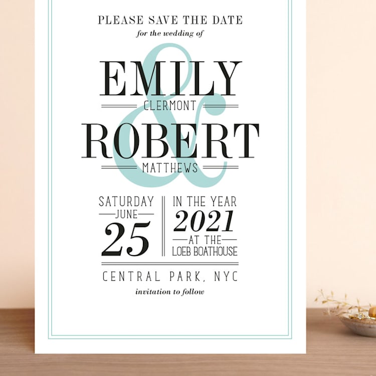"Wed in Type" - Save the Dates in Sky by Ariel Rutland - Front