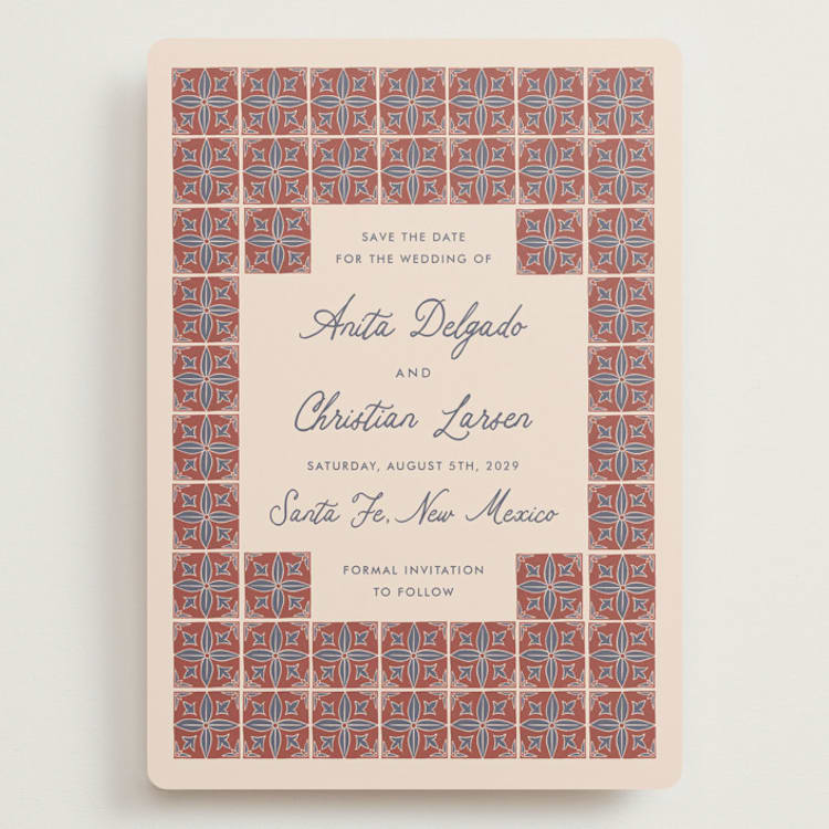 "Block Print Tile" - Save the Dates in Terracotta by Katharine Watson - Front