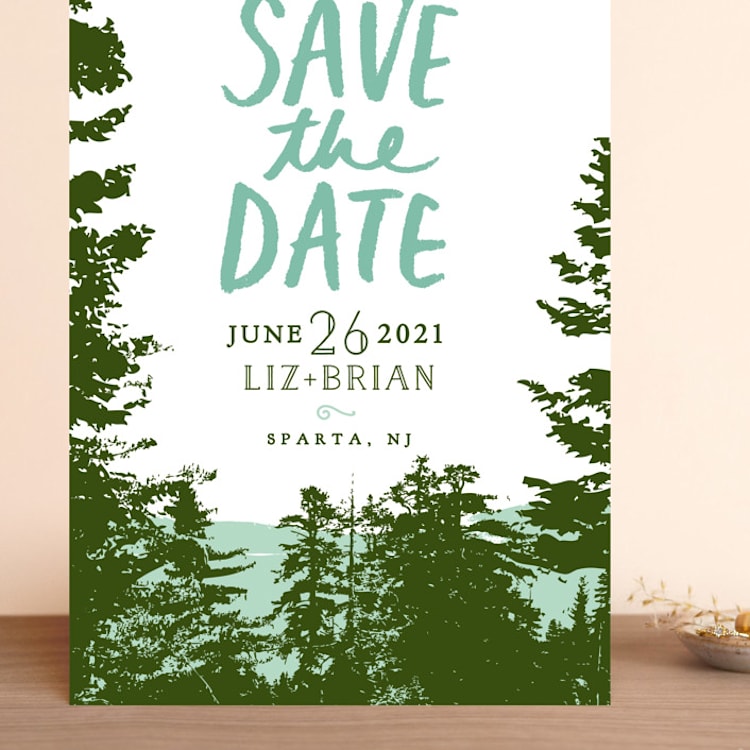 "Mountain View" - Save the Dates in Pine Green by Ariel Rutland - Front