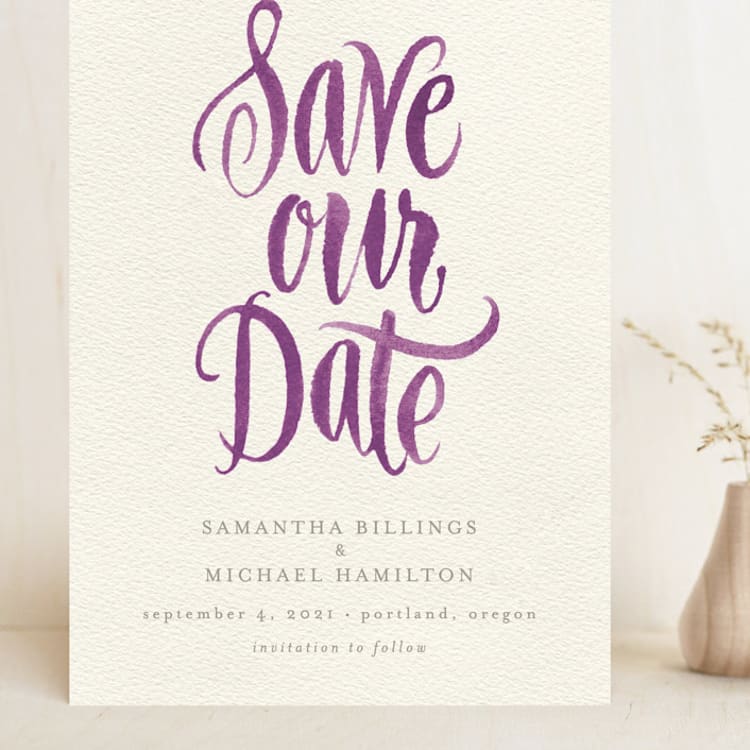 "Painted Simplicity" - Save the Dates in Plum by Laura Bolter - Front
