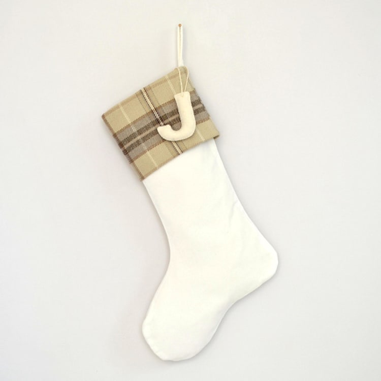 "Personalized Christmas Stocking, Velvet Tan Plaid" - Stockings in beige by TwentyEight12