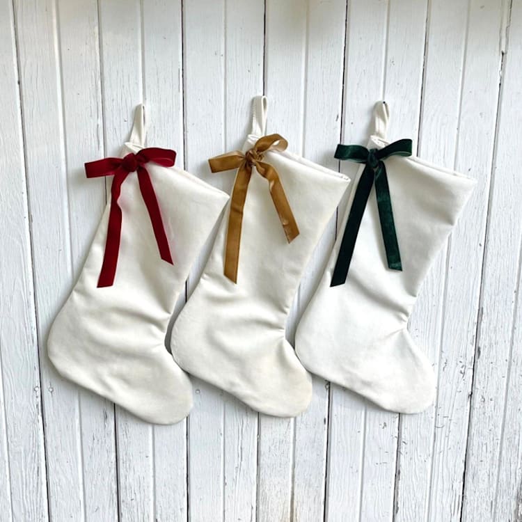 White Velvet Christmas Stocking with Velvet Bow by Kirstie Lafikes