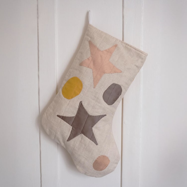 "Cream Quilted Stocking with Multi-Color Appliqué Details" - Stockings in natural by Quiet Goods