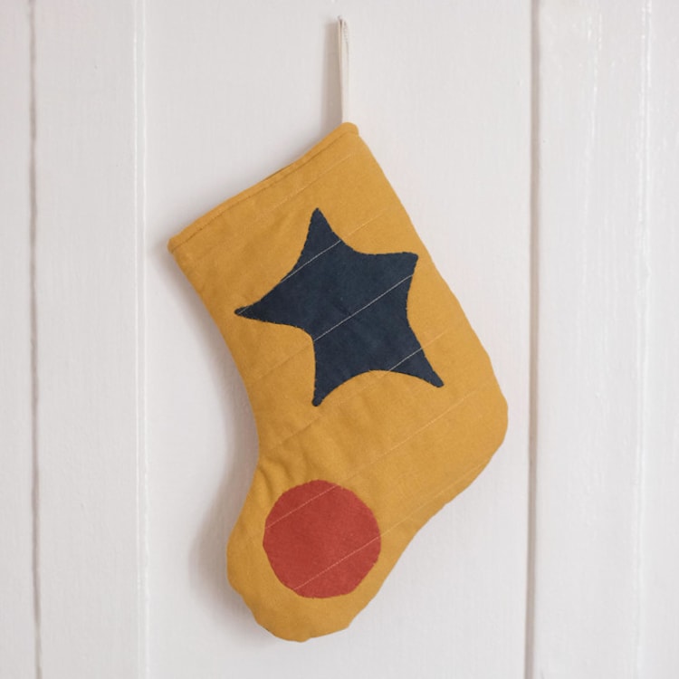 "Small Yellow Quilted Stocking with Multi-Color Appliqué Details" - Stockings in yellow by Quiet Goods