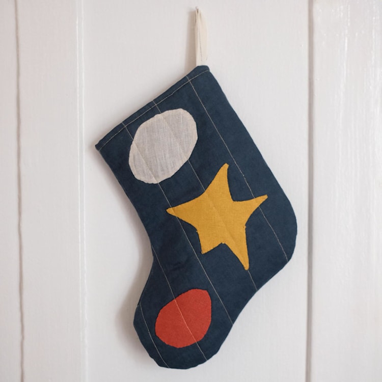 "Small Green Quilted Stocking with Multi-Color Appliqué Details" - Stockings in green by Quiet Goods