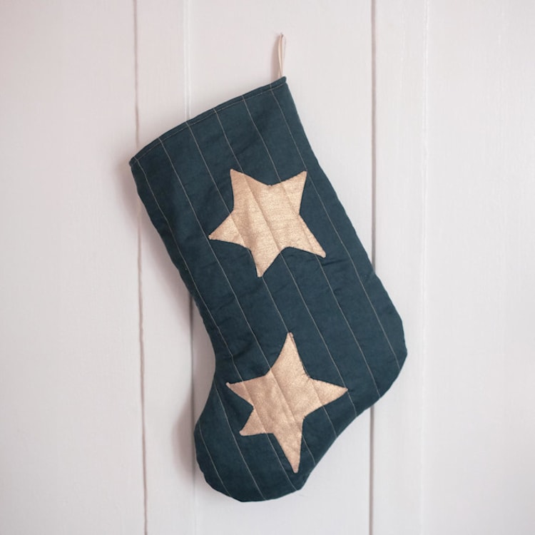 "Green Quilted Stocking with Gold Appliqué Details No.1" - Stockings in green by Quiet Goods