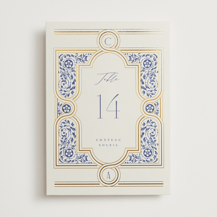 "Tiled Romance" - Table Numbers in Dynasty Blue by Ana de Sousa - Front
