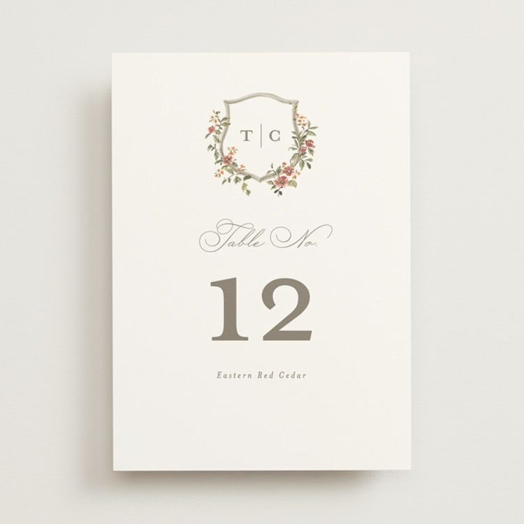 "Foliage Crest" - Table Numbers in Mulberry by Everett Paper Goods - Front