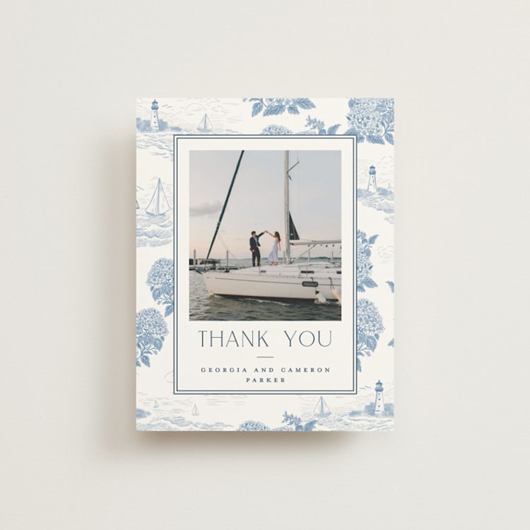 "Coastal Toile" - Flat Wedding Thank You Cards in Sea by Jenna Holcomb - Front