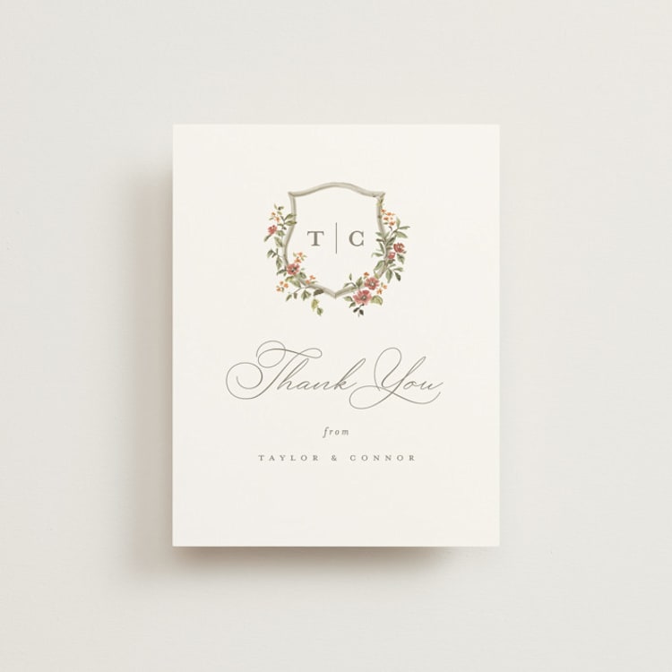 "Foliage Crest" - Flat Wedding Thank You Cards in Mulberry by Everett Paper Goods - Front