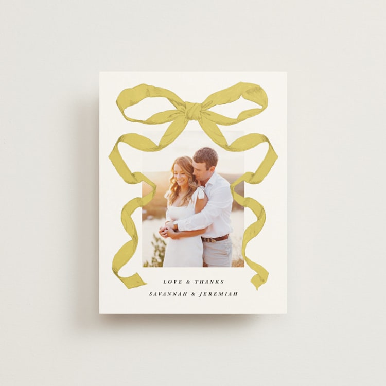 "Antique Ribbon" - Flat Wedding Thank You Cards in Citrine by Olivia Kanaley Inman - Front