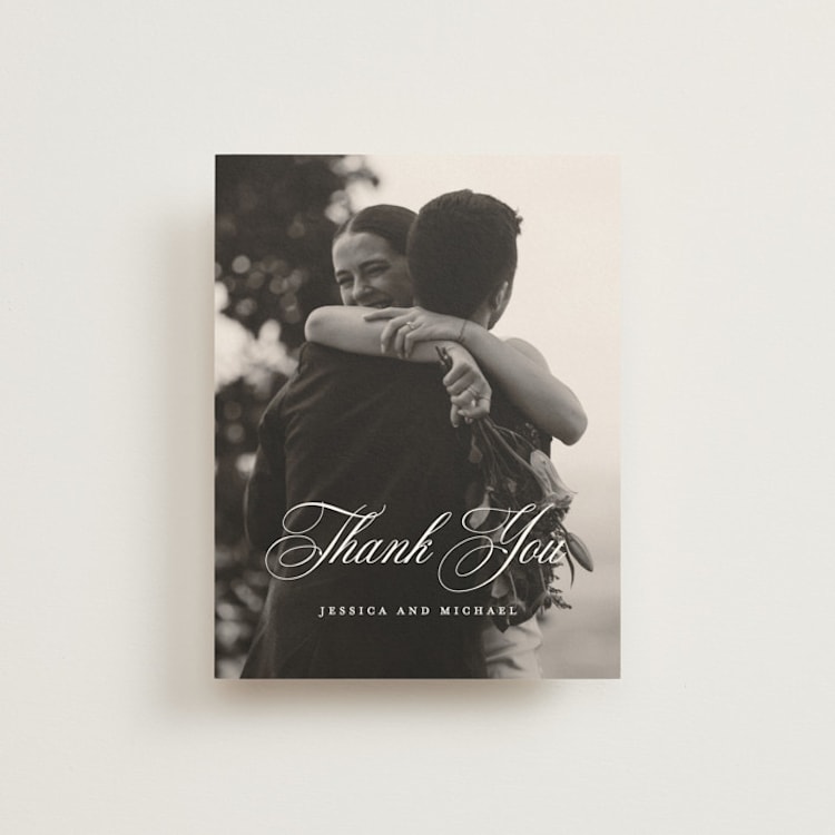 "Empire" - Flat Wedding Thank You Cards in Dusty Blue by Jennifer Postorino - Front