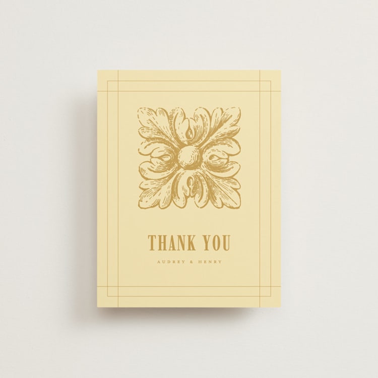 "Vintage Label" - Flat Wedding Thank You Cards in Butter by Nazia Hyder - Front
