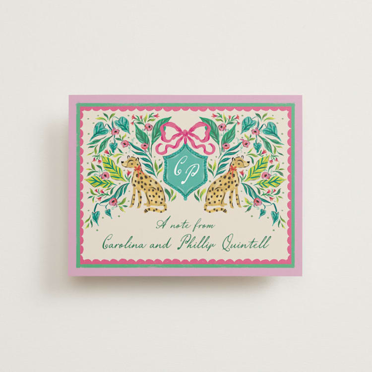 "Whimsical Hand Illustrated Crest" - Flat Wedding Thank You Cards in Peony by Jackie Crawford - Front