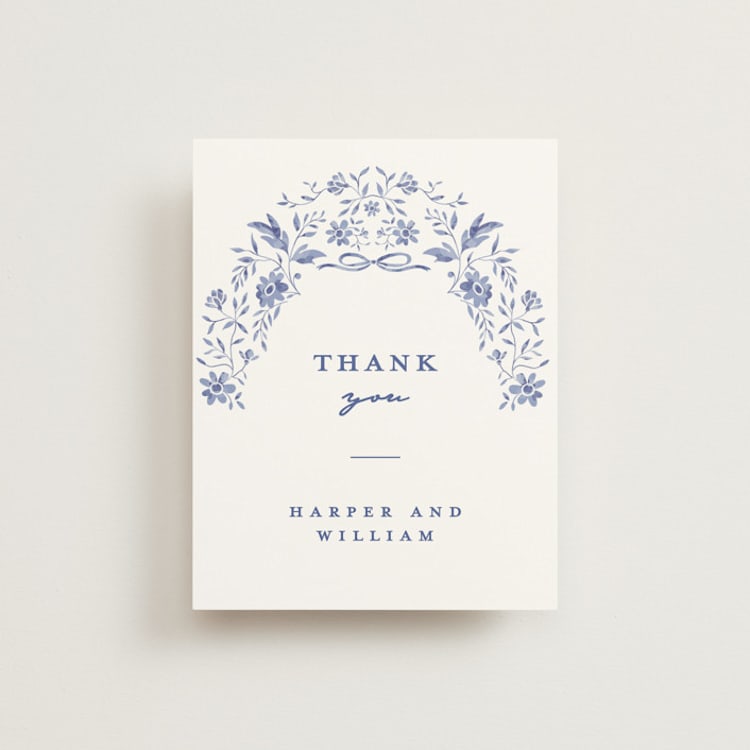 "Daisy Toile" - Flat Wedding Thank You Cards in Blue Willow by Susan Zinader - Front