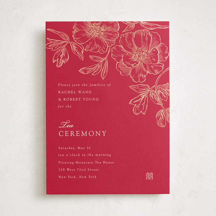 "Double Peony" - Tea Ceremony Invitations in Ruby by Janean Hinger - Front