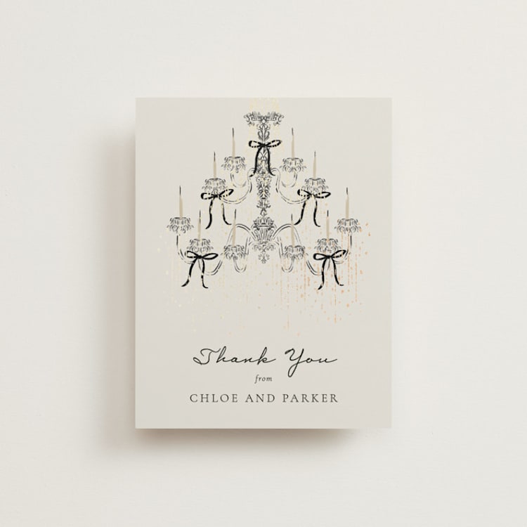 "Hand Illustrated Whimsical Chandelier" - Foil-Pressed Flat Wedding Thank You Cards in Noir by Jackie Crawford - Front