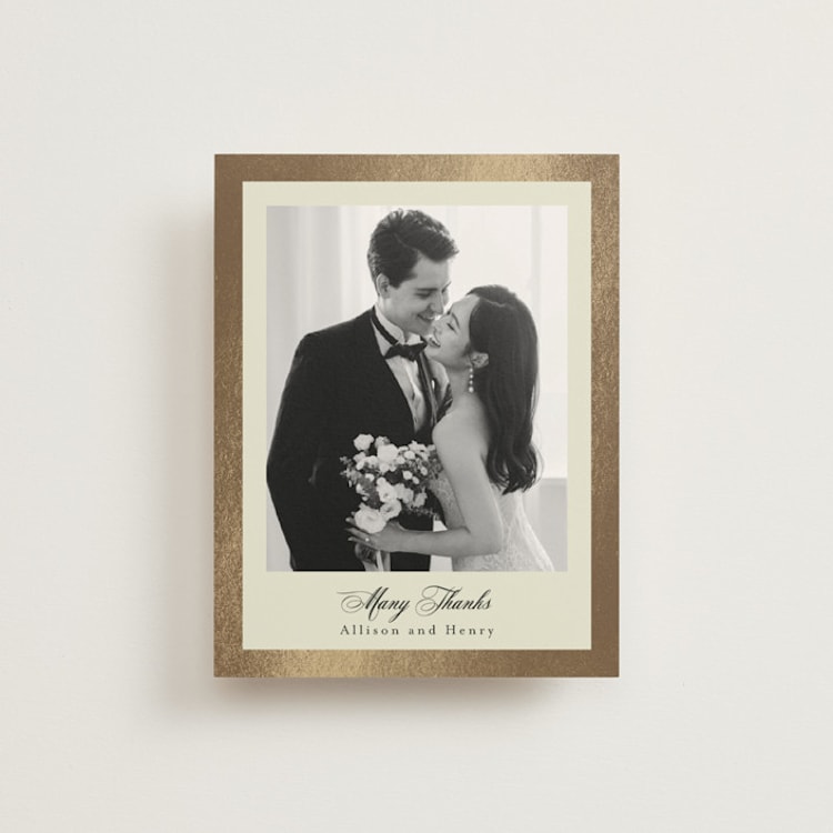 "All Tied Up" - Foil-Pressed Flat Wedding Thank You Cards in Champagne by Chris Griffith - Front