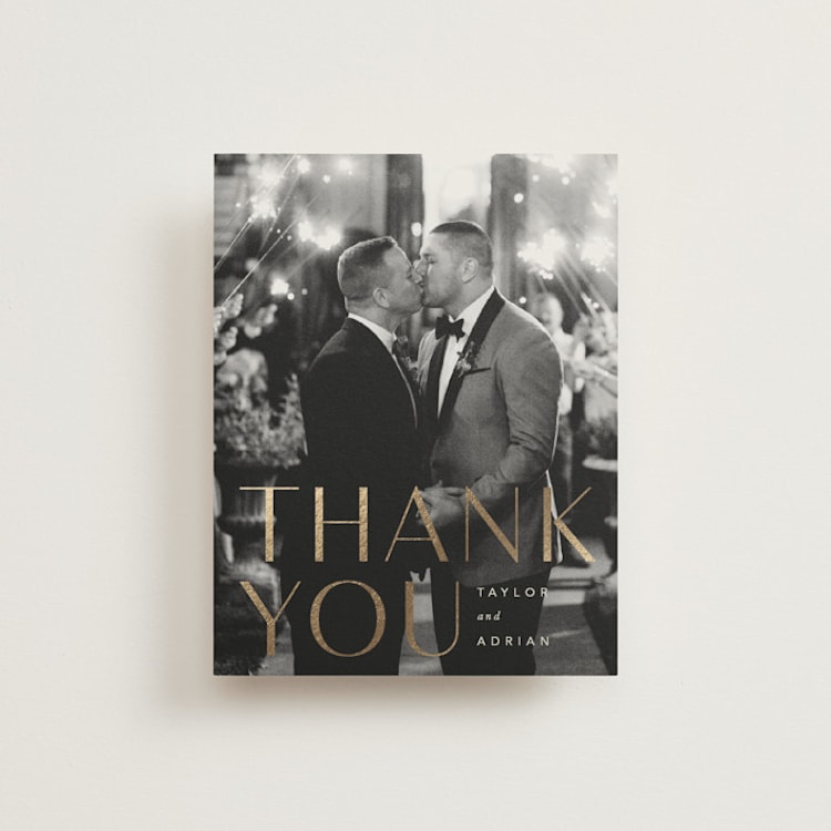 "Amara" - Foil-Pressed Flat Wedding Thank You Cards in Sand by Robert and Stella - Front
