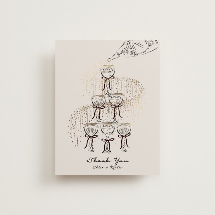 "Sparkling Champagne Tower" - Foil-Pressed Flat Wedding Thank You Cards in Noir by Jackie Crawford - Front