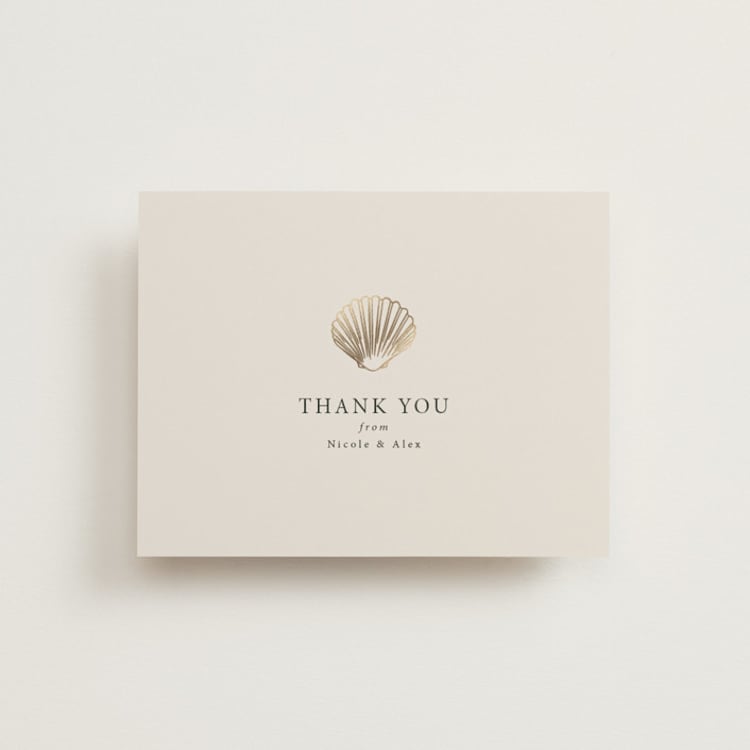 "Simple Seashell" - Foil-Pressed Flat Wedding Thank You Cards in Sand by Hannah Bowman - Front