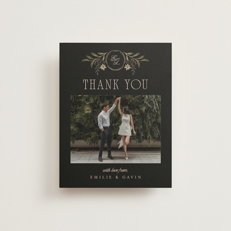 "Emilie" - Foil-Pressed Flat Wedding Thank You Cards in Noir by Randi Cirelli - Front