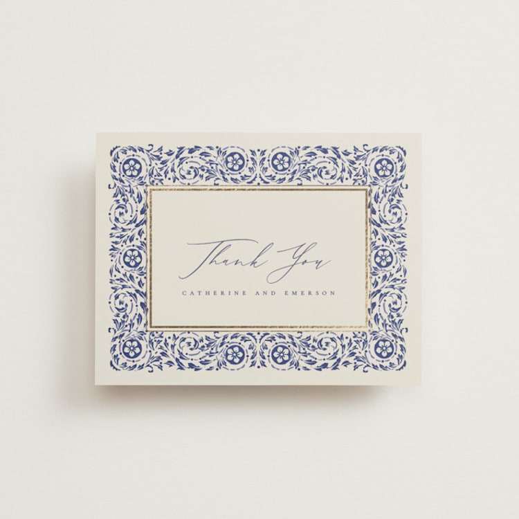"Tiled Romance" - Foil-Pressed Flat Wedding Thank You Cards in Dynasty Blue by Ana de Sousa - Front