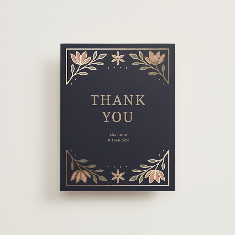 "Botanical Tapestry" - Foil-Pressed Flat Wedding Thank You Cards in Navy by Jess Rosa Beck - Front