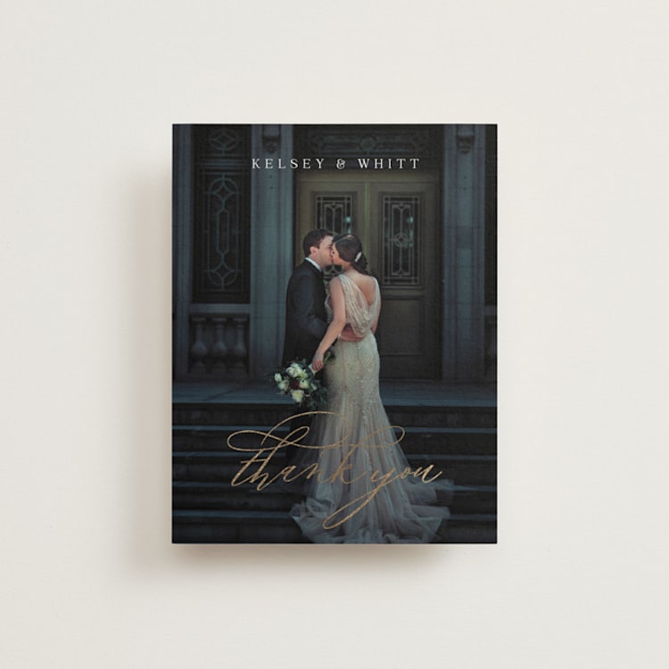 "Over Monogram" - Foil-Pressed Flat Wedding Thank You Cards in Stormy by Jessica Williams - Front