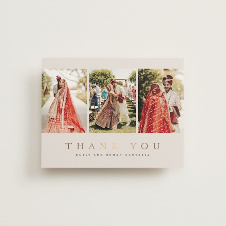 "Elegant Trio" - Foil-Pressed Flat Wedding Thank You Cards in Sand by Nicole Walsh - Front