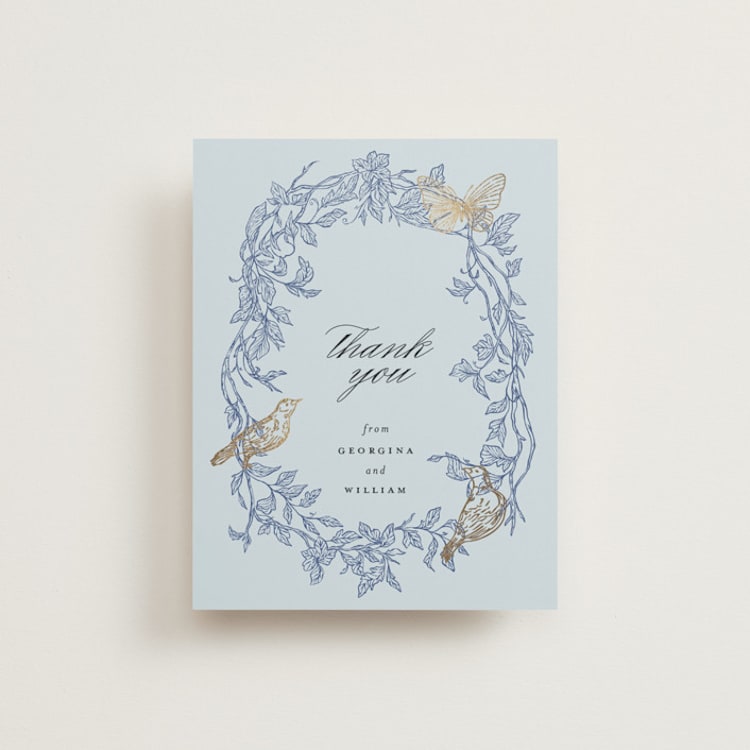 "meet me in the garden" - Foil-Pressed Flat Wedding Thank You Cards in Cornflower by Grae - Front