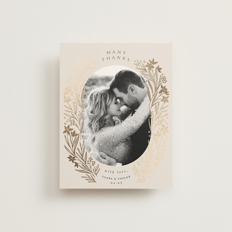 "Floral Border" - Foil-Pressed Flat Wedding Thank You Cards in Champagne by Leah Bisch - Front