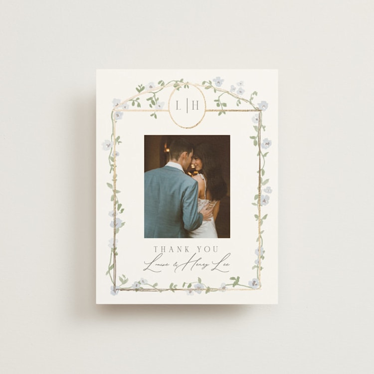 "Portico" - Foil-Pressed Flat Wedding Thank You Cards in Blue Bell by Everett Paper Goods - Front