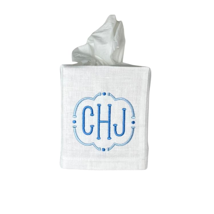 "Custom Embroidered Monogram Tissue Box Cover" - Tissue Box Cover in white by Virginia Marcello