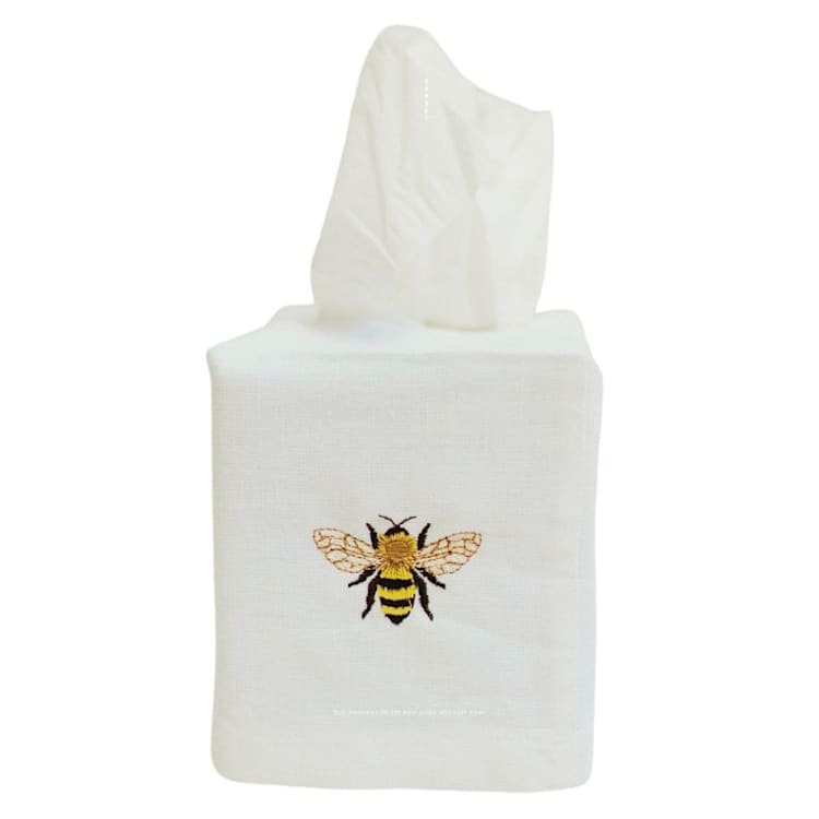 "Linen Tissue Box Cover Embroidered with Bespoke Bumble Bee Design" - Tissue Box Cover in white by Virginia Marcello