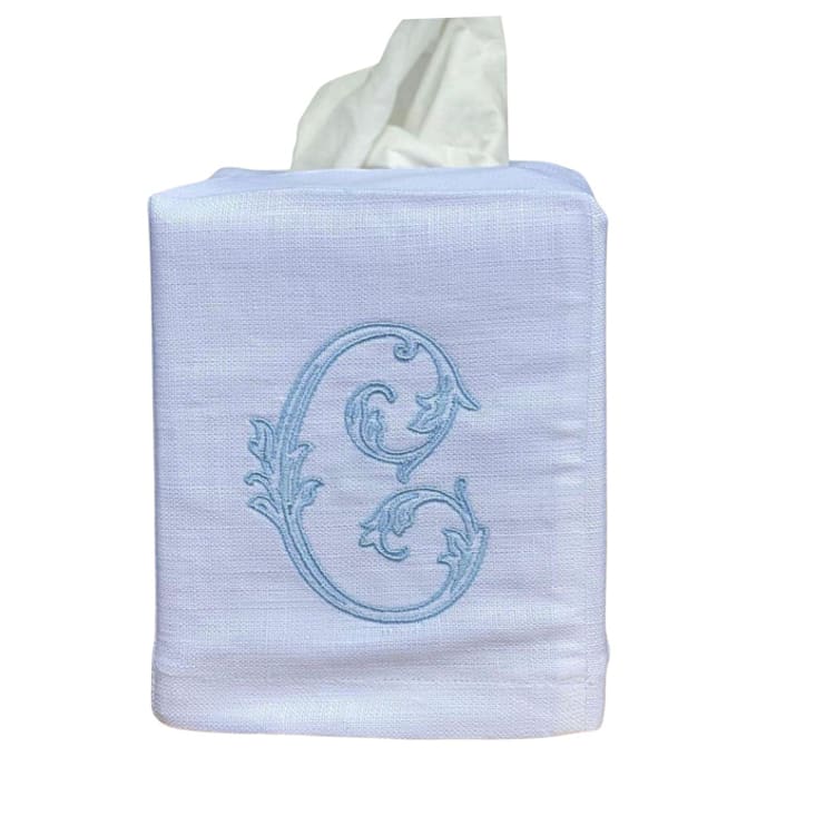 "Monogram Tissue Box Cover" - Tissue Box Cover in white by Virginia Marcello
