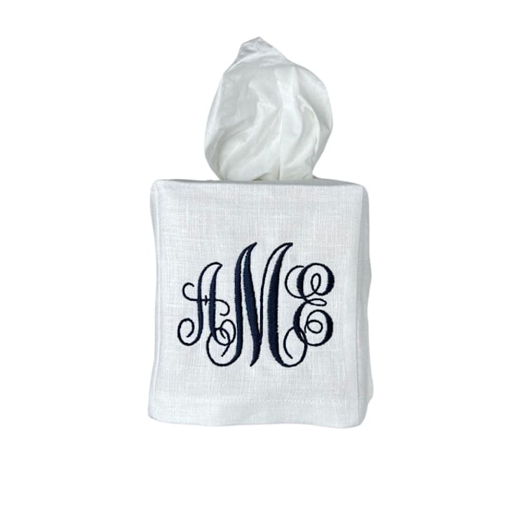 "Three Letter Monogram Tissue Box Cover" - Tissue Box Cover in white by Virginia Marcello