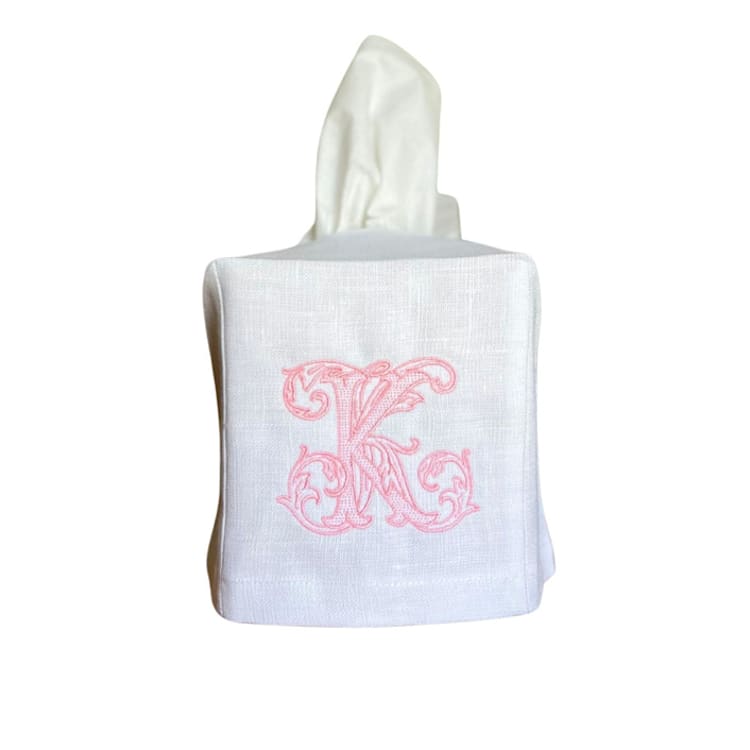 "Monogram Tissue Box Cover" - Tissue Box Cover in white by Virginia Marcello