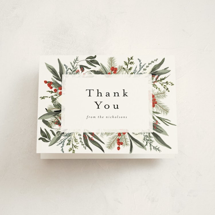 "Holiday Botanical" - Party Thank You Cards in Holly Berry by Susan Moyal - Front