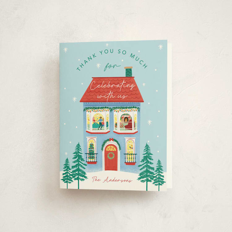 "Merry House" - Party Thank You Cards in Sky by Elly - Front